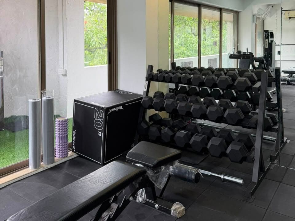 The dumbbell rack, plyo box and benches along the training studio wall