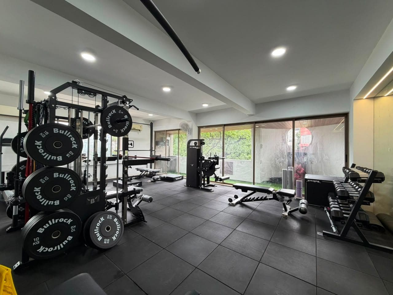 The training studio, laid out for strength and rehabilitation work